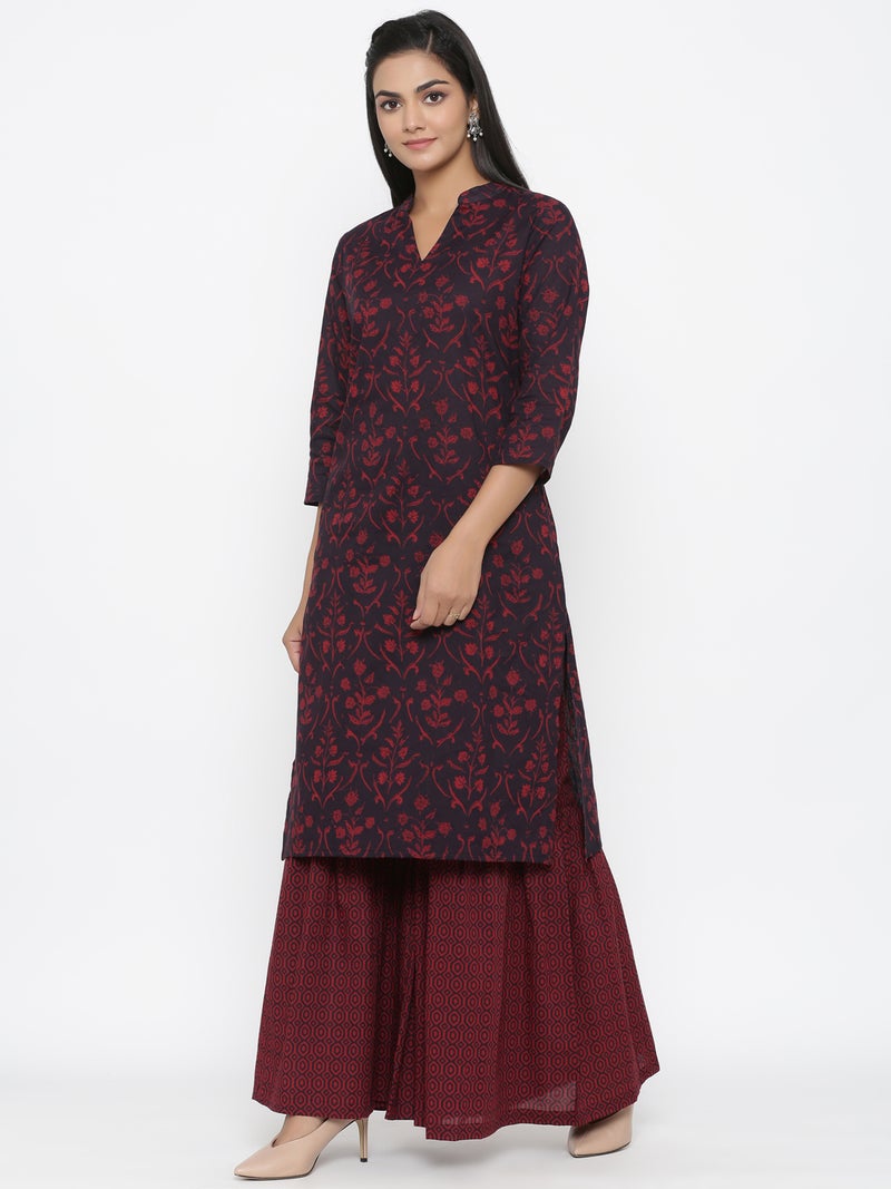 Miravan Maroon Floral Printed Kurta and Sharara for Women - Image 2